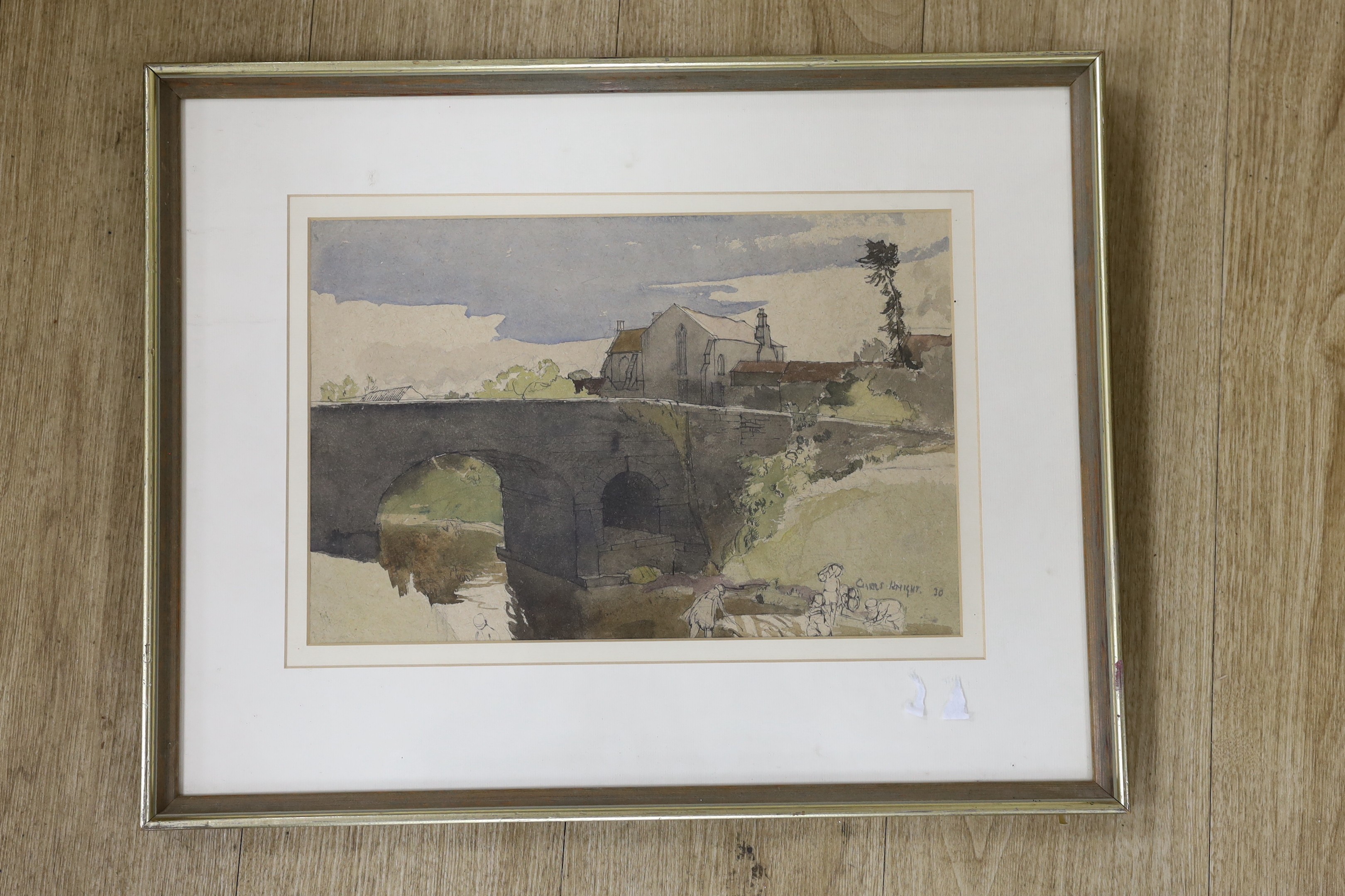Charles Knight, 1901-1990, ink and watercolour, Labourers beside stone bridge, signed in pencil and dated '30, 24 x 36cm
